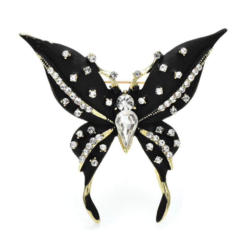 Black Butterfly Brooch - Clear Rhinestones - Click Image to Close